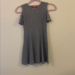 off the shoulder black and white dress